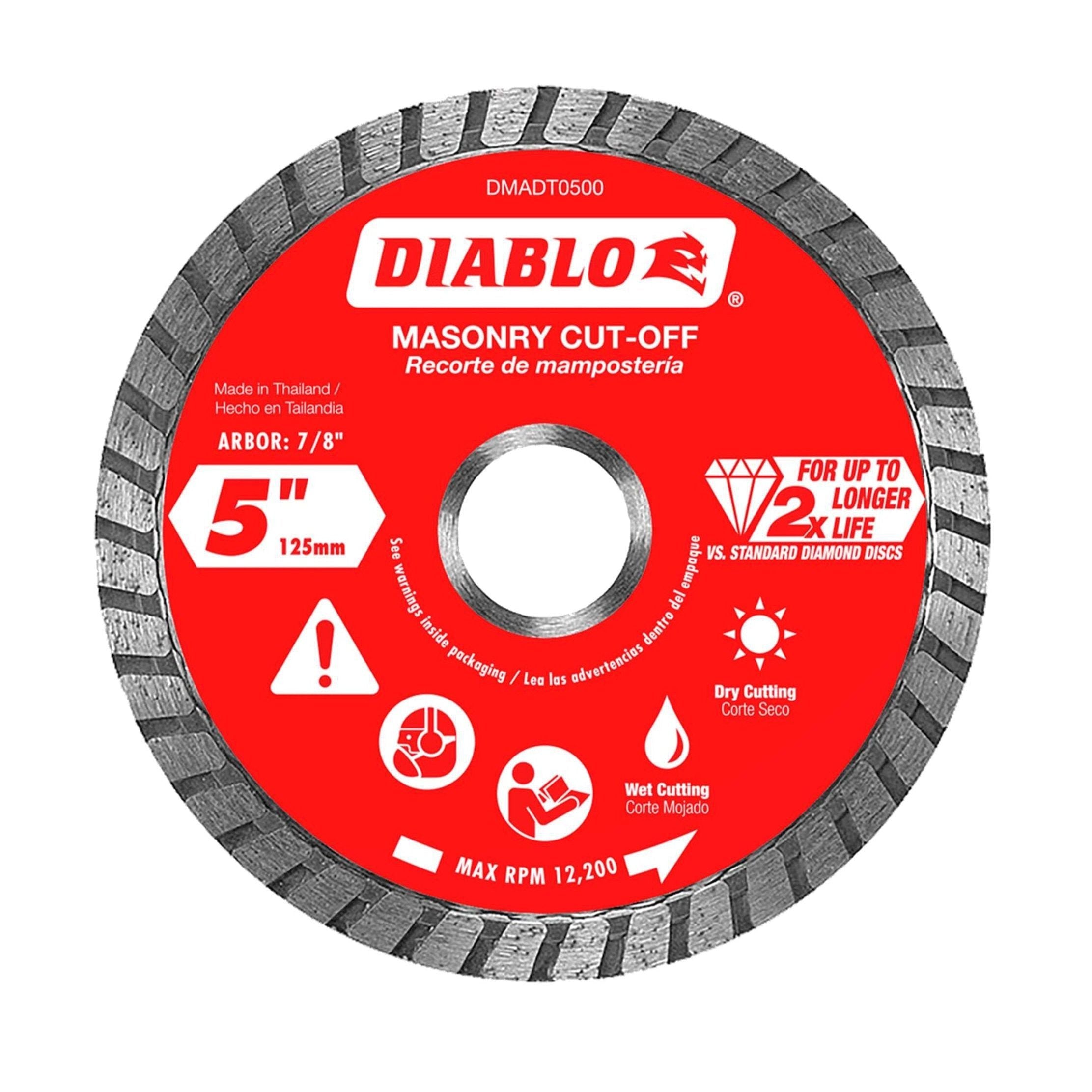 The DIABLO DMADT0500, a diamond turbo masonry cut-off disc by Diablo, has a 5 diameter and 7/8 arbor. It boasts superior quality cuts and longer life than standard discs, suitable for wet or dry use, with a max RPM of 12,200.